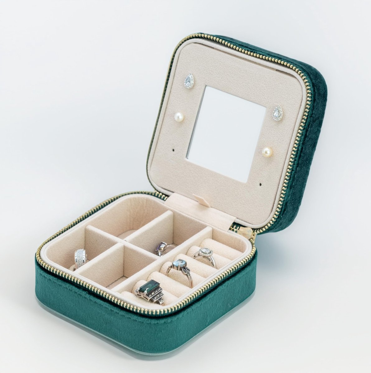 TRIXES Reiskosmetiekoffer Groen Velvet - Compacte Sieraden Organizer met Spiegel