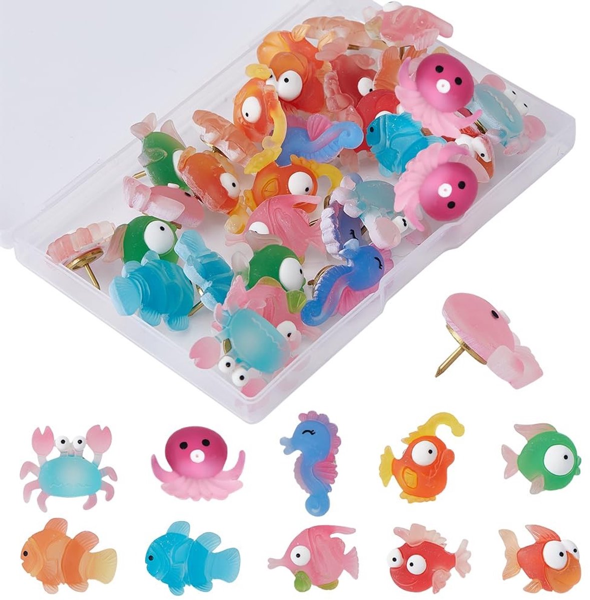 ONF3 - Push Pins - Decoratieve Houten Duimnagels - Voor Corkboard - Zeedieren - 30 Stuks - Creatief en Functioneel - Multicolor - Geschikt voor ...