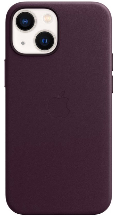 Donkerkersen Apple leren hoesje voor iPhone 13 Mini met ingeperst Apple logo.
