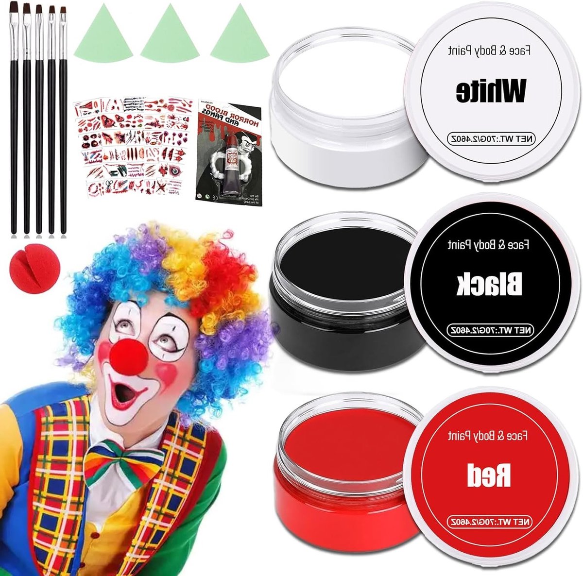 Griezelige Clown Make-up Set voor Halloween met 5 Penseelkwasten, SFX en Vampier Make-up voor Kinderen en Volwassenen