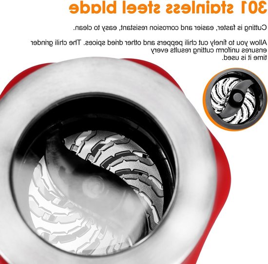 Chili Molen van RVS en Glas (170 ml) voor Grof Kruid en Droge Chili, Specerijenmolen met Aroma Beschermde Deksel en Robuuste Snijtechnologie van Merkloos — afbeelding 3