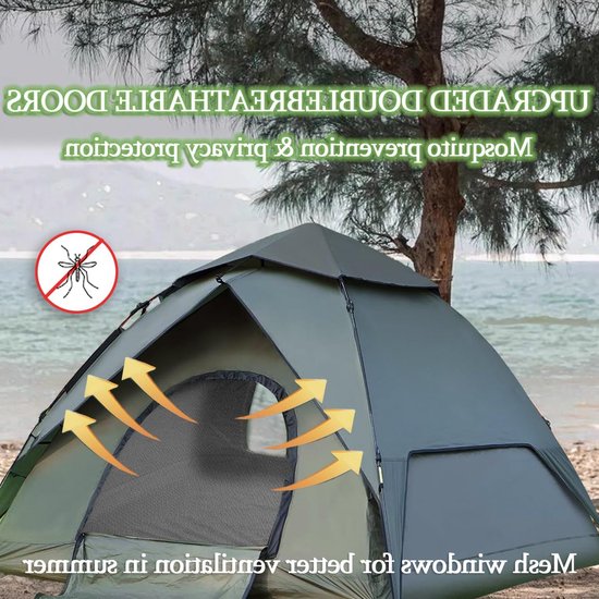 Ruime 3-Persoons Camping Tent, Pop-Up en Waterdicht, Automatische Tent met Afneembare Tarpaulin voor Trektochten en Gezinnen — afbeelding 2