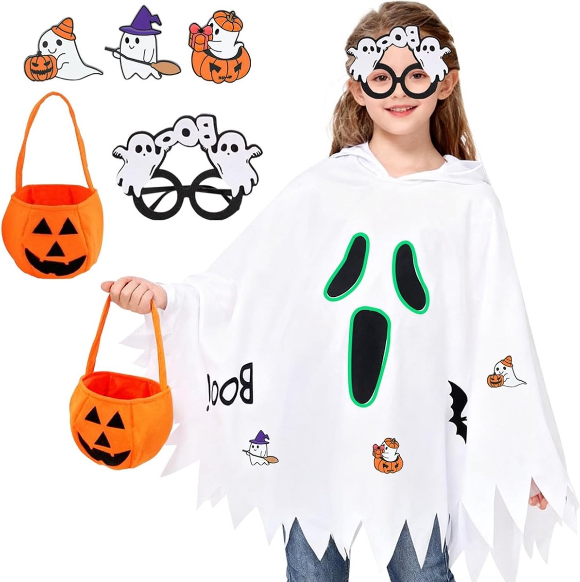 Spookkostuum voor Kinderen met Glanzende Cape en Hoed voor Halloween, Inclusief Pompoentas en Spookbadge