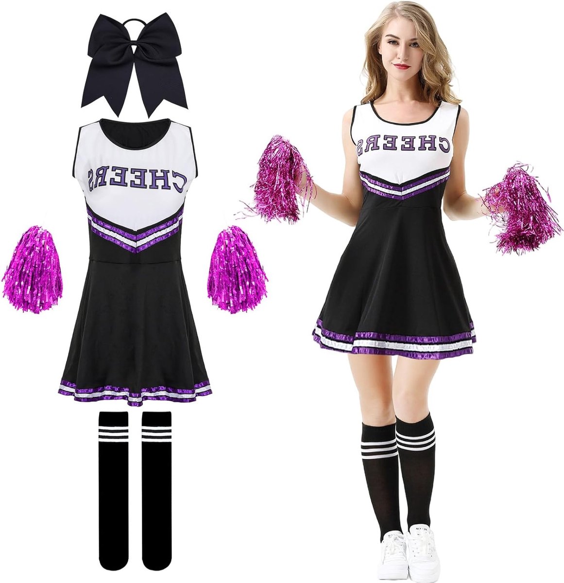 Vrouwelijk Cheerleader Kostuum met Pompoms, Haarbanden en Sokken voor Carnaval en Cosplay Feestjes