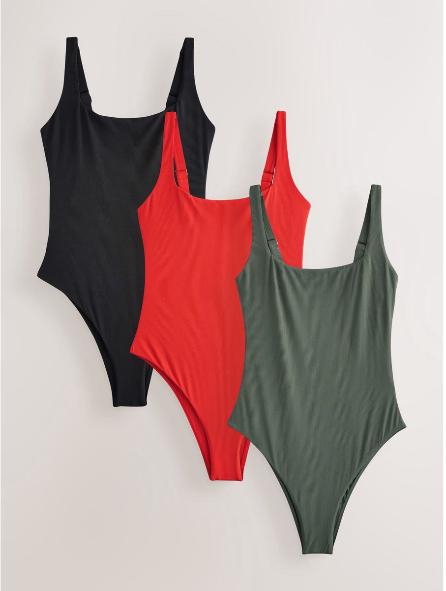 Next Dames - 3 badpakken met rechte halslijn - Zwart Red/Khaki Green/Black Rib