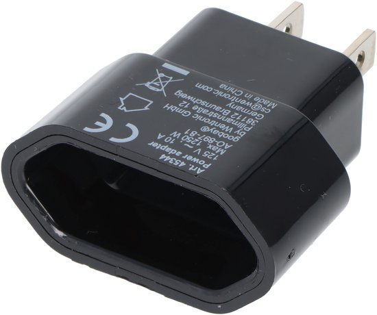 Zwarte Goobay reisadapter met platte stekker voor de VS en Japan, en een adapteringang met tekst: 'Art. 45344 Power adapter 125 V ~, 10 A Max. 1250 W AO-897-81'.