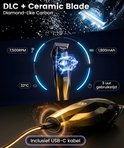 Zwarte en gouden tondeuse met diamantmotief, met 7.500 RPM, 1.800 mAh batterij en 3 uur gebruiksduur. Inclusief USB-C kabel.
