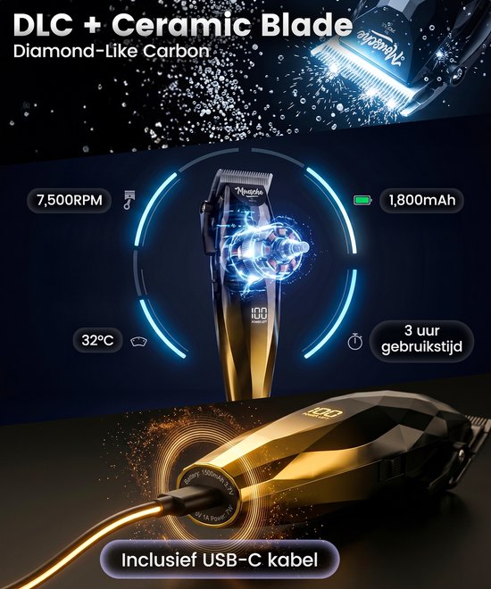 Zwarte en gouden tondeuse met diamantmotief, met 7.500 RPM, 1.800 mAh batterij en 3 uur gebruiksduur. Inclusief USB-C kabel.