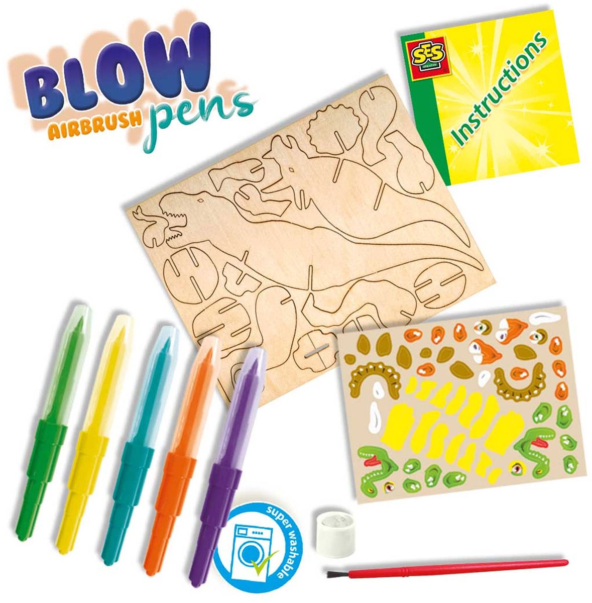 SES - Blow airbrush pens - Dino's - 5 stuks - blaasstift - goed uitwasbaar - inclusief dino onderdelen, lijm, penseel en stickers - knutselen jongens - Dinosaurus Speelgoed — afbeelding 3