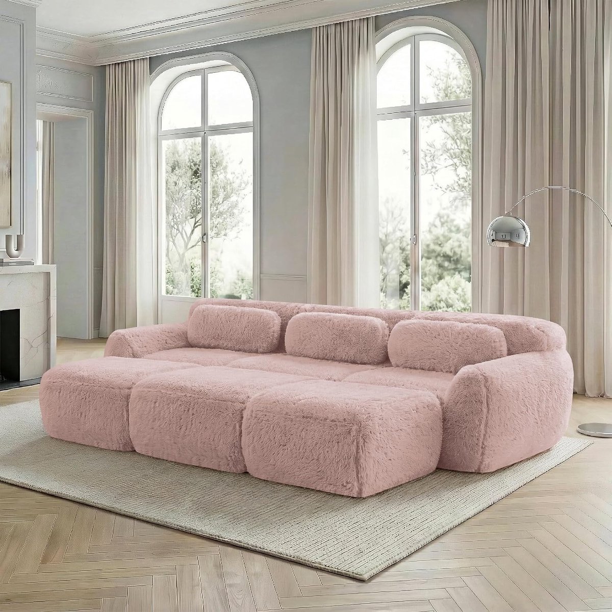Luxe Modulaire Cloud Slaapbank 3-Zits met 3 Ottomanen en Slaapfunctie – Extra Zachte Fluwelen Pluche Stoffering, Frameloos Design, 291 x 179 x 73 cm – Roze