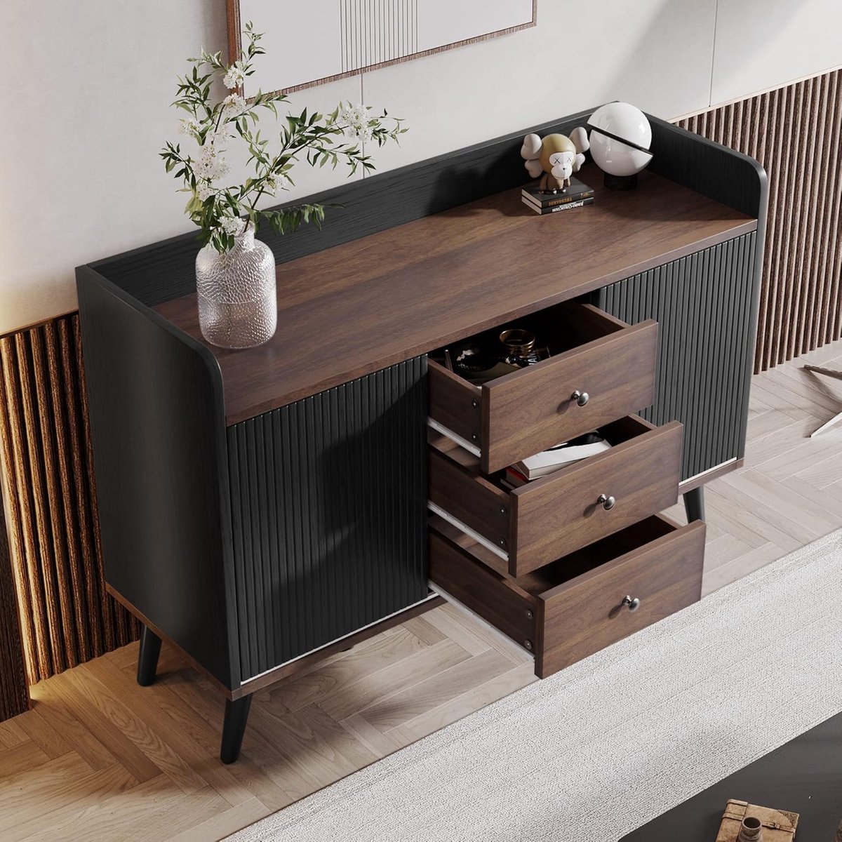 Dressoir 117,5x39,5x80 cm – Moderne Buffetkast met Schuifdeuren en 3 Lades – Opbergkast Woonkamer, Eetkamer en Slaapkamer – Zwart/Hout – Dader