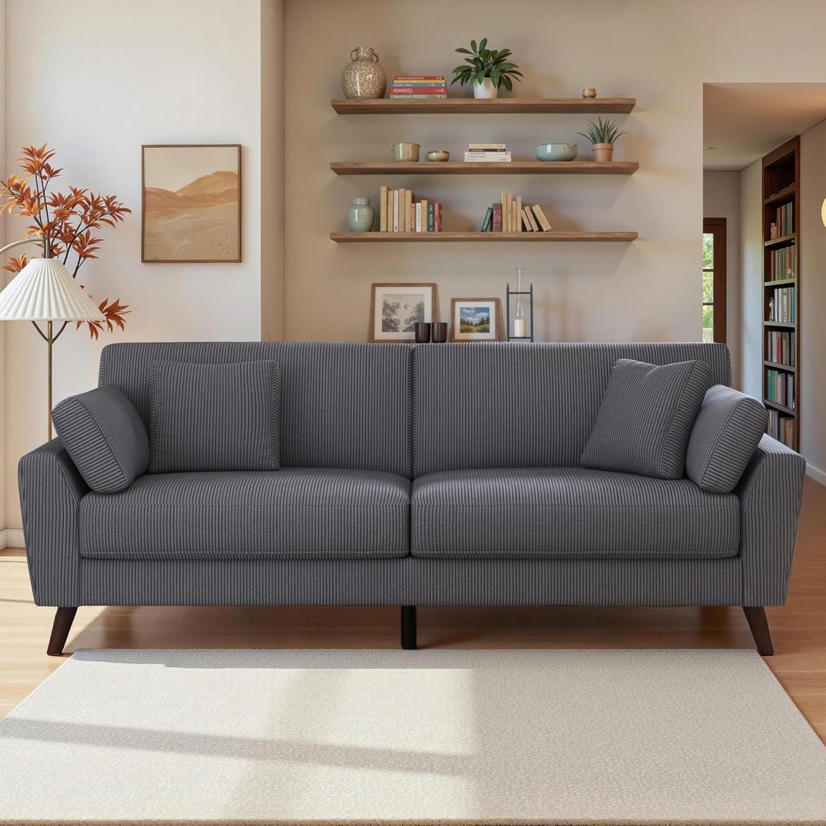 Luxe Corduroy 3-Zitsbank XXL 220 cm met Diepe Zit en Hoge Poten – Moderne Gestoffeerde Bank 87x220x87 cm, Zithoogte 48 cm, Belastbaar tot 450 kg, Comfort Sofa voor Woonkamer, Slaapkamer of Logeerkamer –