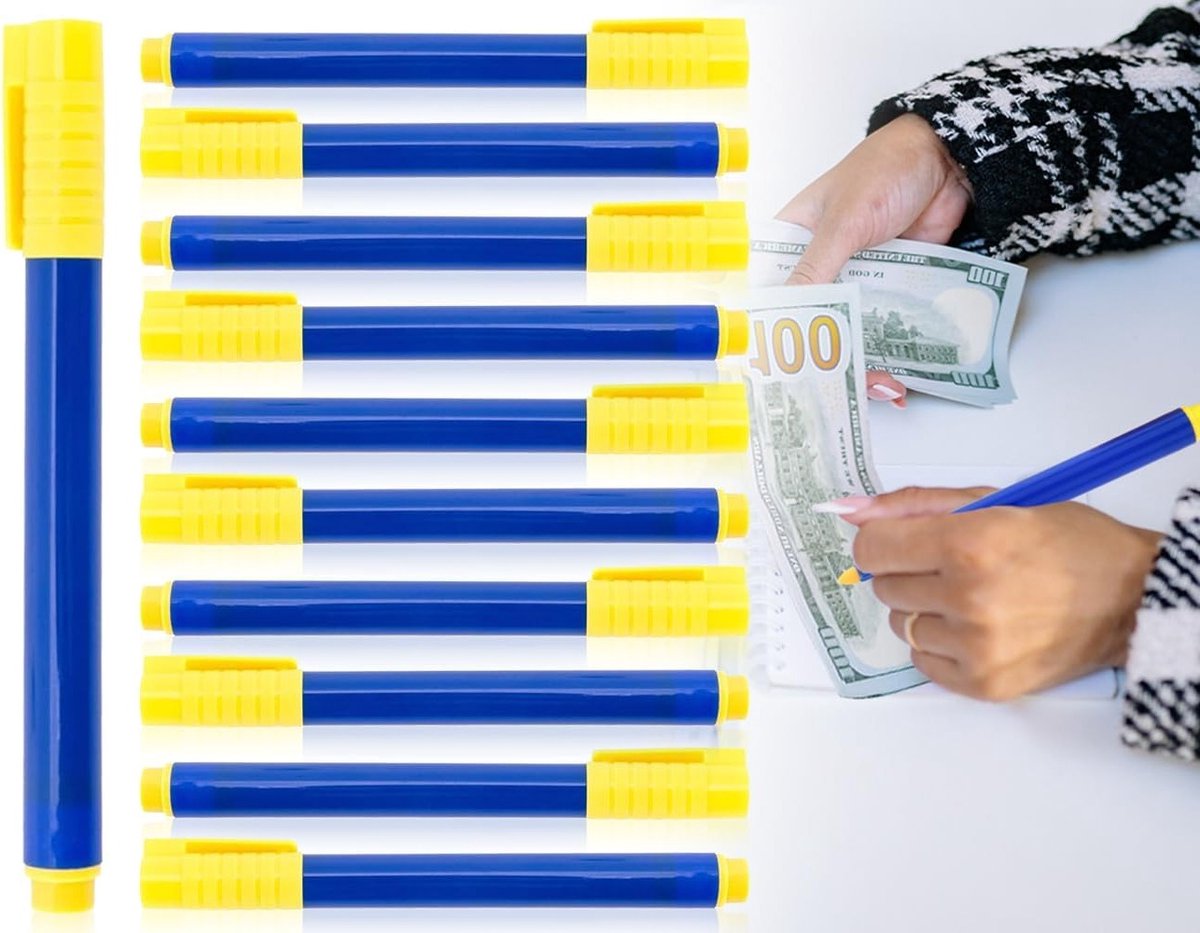 Set van 10 Bankbiljet Testpennen - Betrouwbare Controle, Valse Biljetten Detectie, Blauw 132 x 12 mm