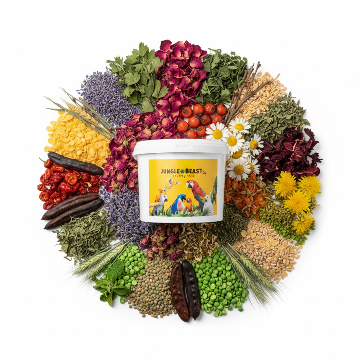 Foerageer mix - kleine papegaaien - veel natuurlijke ingrediënten - made in belgium - papegaaienvoer - parkieten - agapornissen - dwergpapegaaien