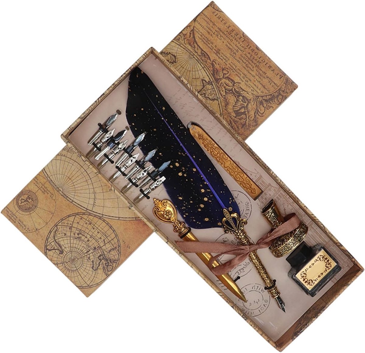 Vintage Veerpen Set met Dopen Inktpen, Briefopener, Vervangende Nibs en Pennenstandaard - Perfect Cadeau voor Vrienden, Familie en Leraren (Blauw)