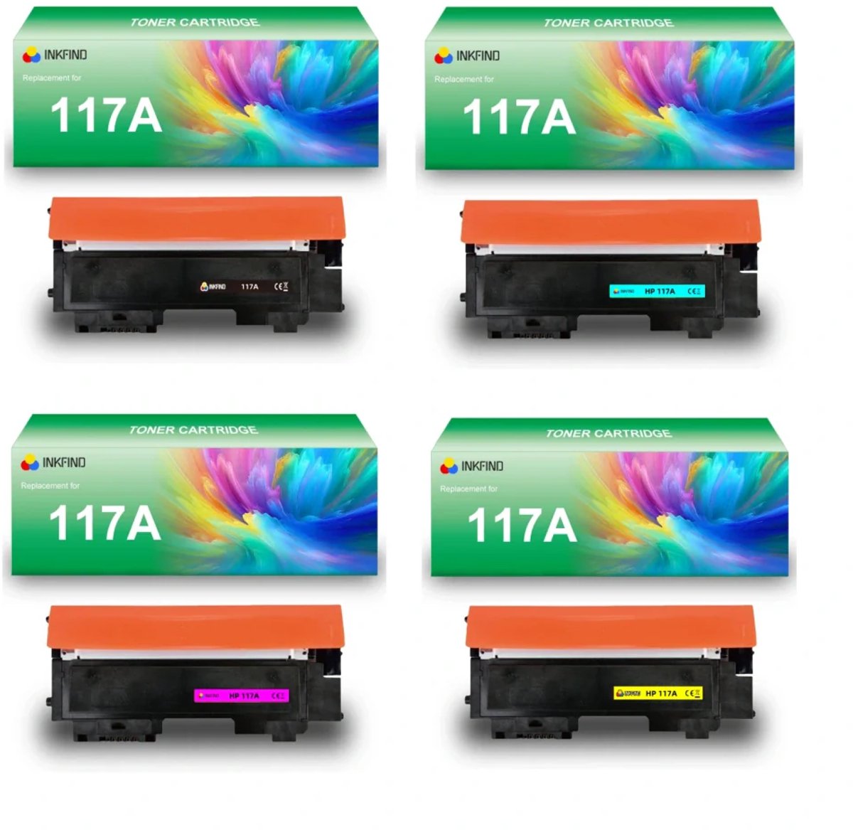 INKFIND 117A (W2070A-W2071A-W2072A-W2073A) tonercartridge multipack van 4 stuks (Zwart+Cyaan+Magenta+Geel) compatibel met HP 117A (W2070A-W2071A-W2072A-W2073A) - 4-pack BK/C/M/Y
