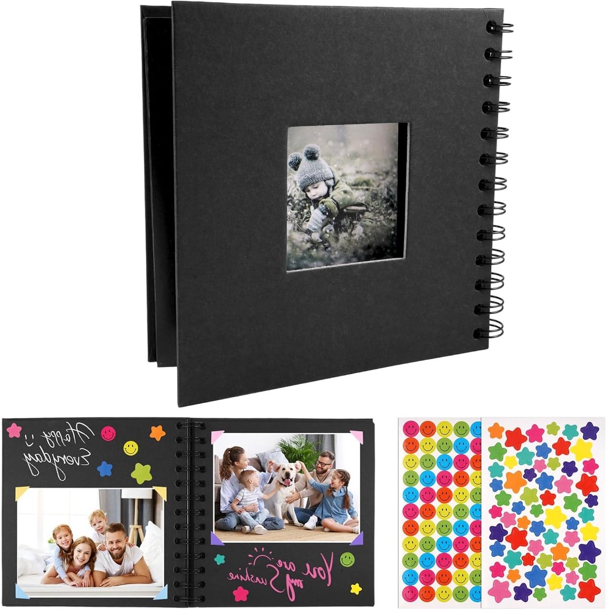 DIY Fotoalbum 17x17cm met 40 Pagina's, Zwarte Bladzijden en Ringband voor Scrapbooking, Perfect voor Verjaardagen, Trouwen en Reizen