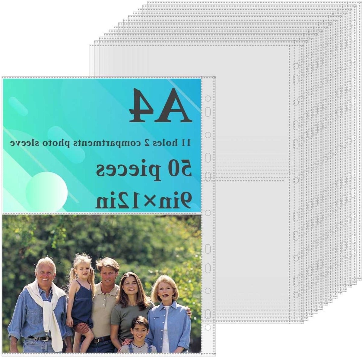 Set van 50 transparante fotocovers A4, 2 compartimenten van 22 x 15 cm, ideaal voor verzameling, brochures en kaarten met 11 gaten