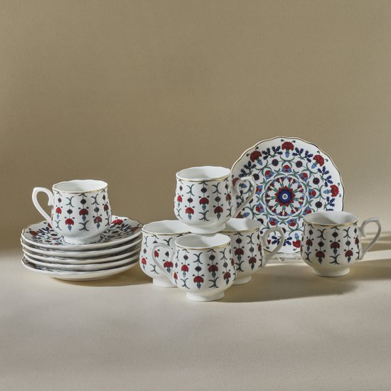 Service à tasses à café turc Karaca Ebruli – 6 personnes – 100 ml – Vaisselle en porcelaine – Soucoupes incluses