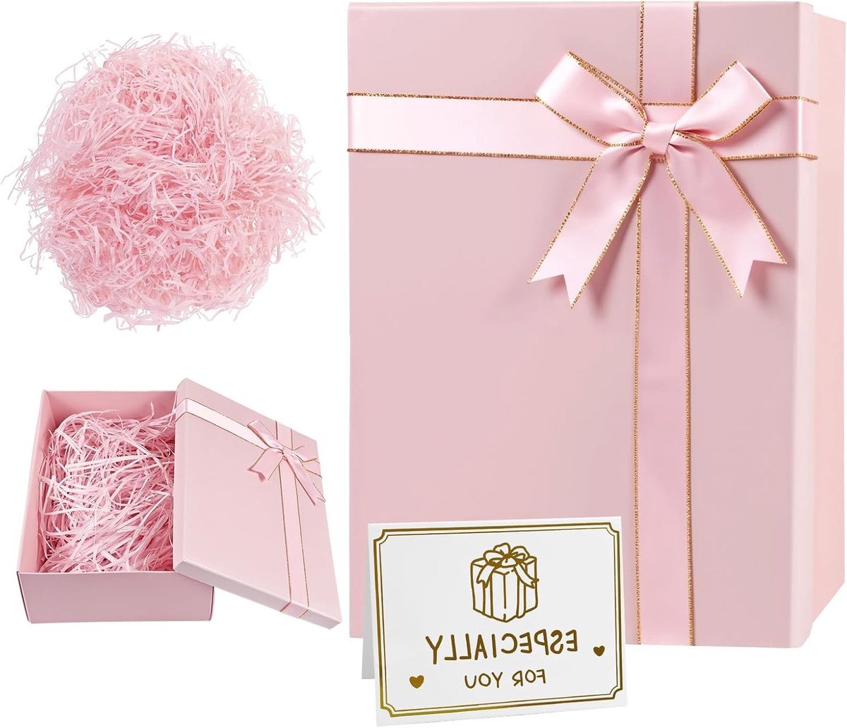 Grote Cadeaubox met Deksel, 28 x 20 x 9 cm, Vouwbare Cadeauverpakking voor Verjaardag, Bruiloft en Kerstmis met Strik en Wenskaart (Roze)