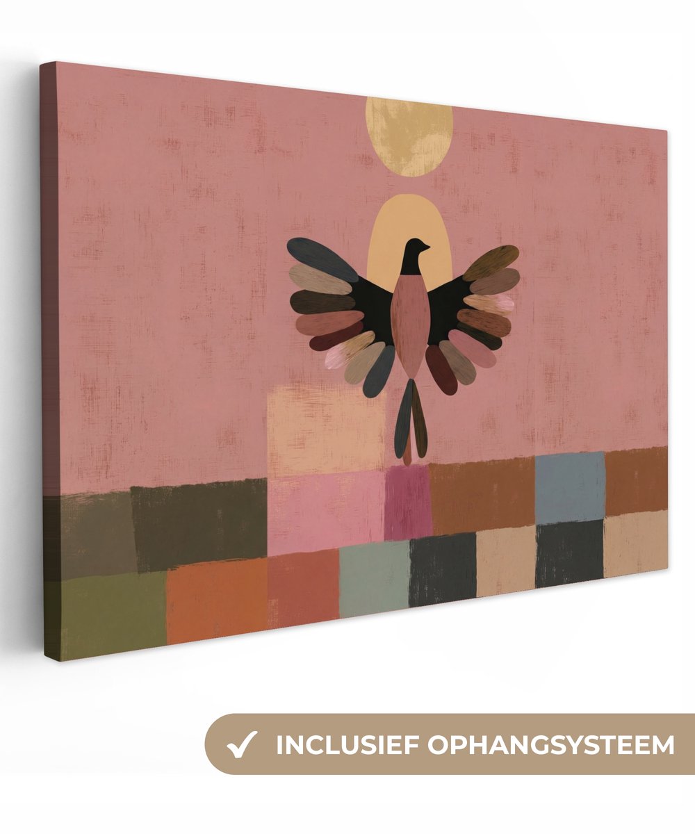 Canvas schilderij 60x40 cm - Exclusieve wanddecoratie Illustratie - Vogel - Vlakken - Kleurrijk - Muurdecoratie woonkamer - Slaapkamer decoratie - Kamer accessoires - Schilderijen op canvas