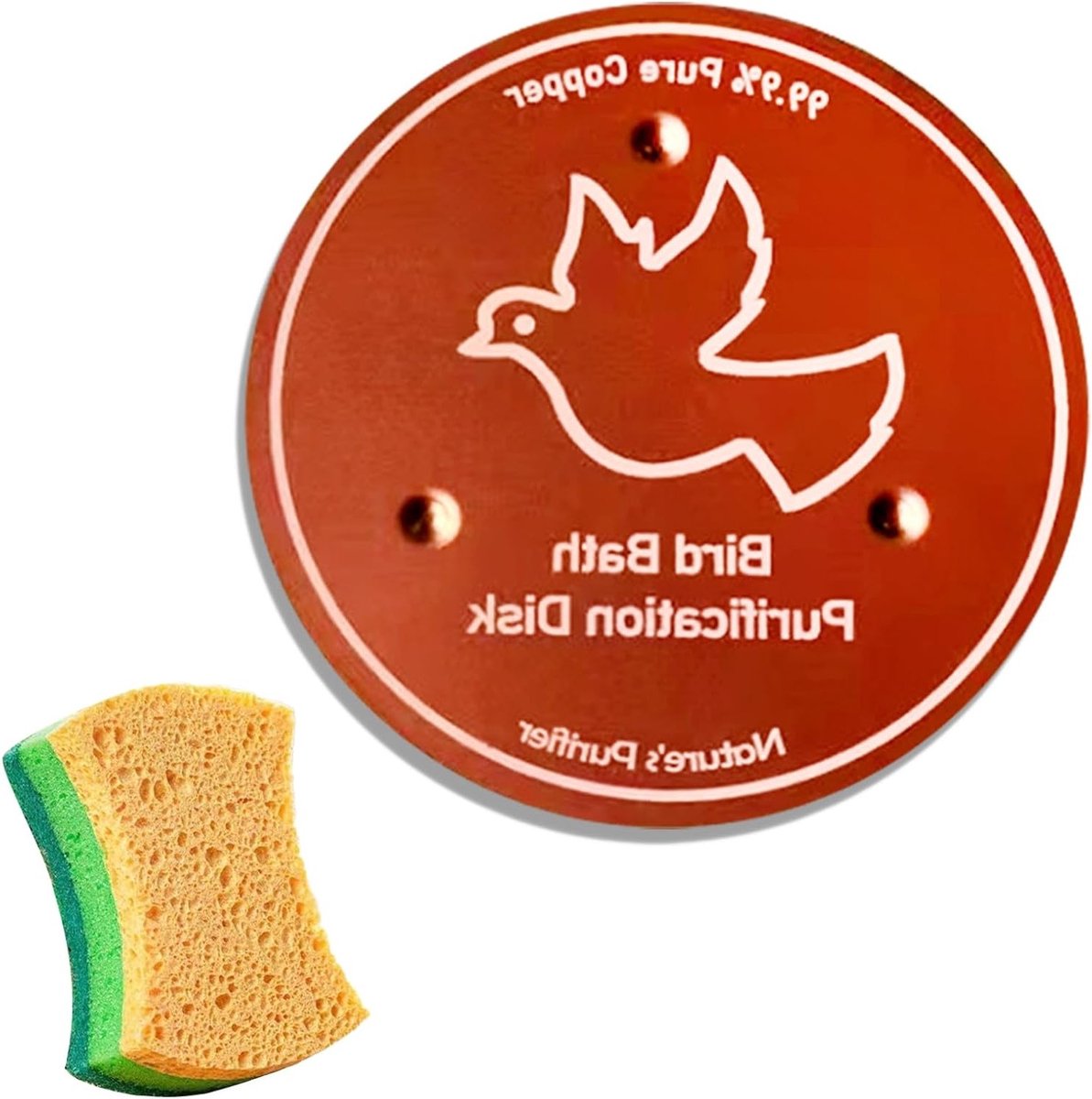 99.99% pure koperen vogelreinigingsschijf met spons, 4-in-1 reiniger met drievoudige houder voor buitengebruik, ideaal voor vogelbaden en schalen