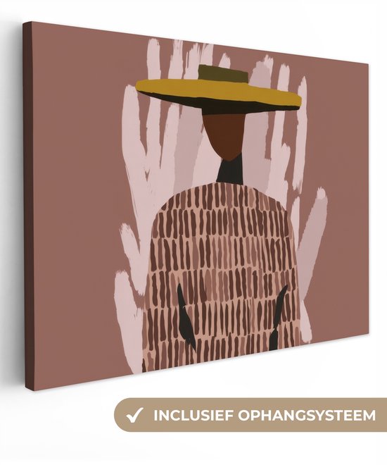 Abstract kunstwerk op canvas van een figuur met strooien hoed, inclusief ophangsysteem.