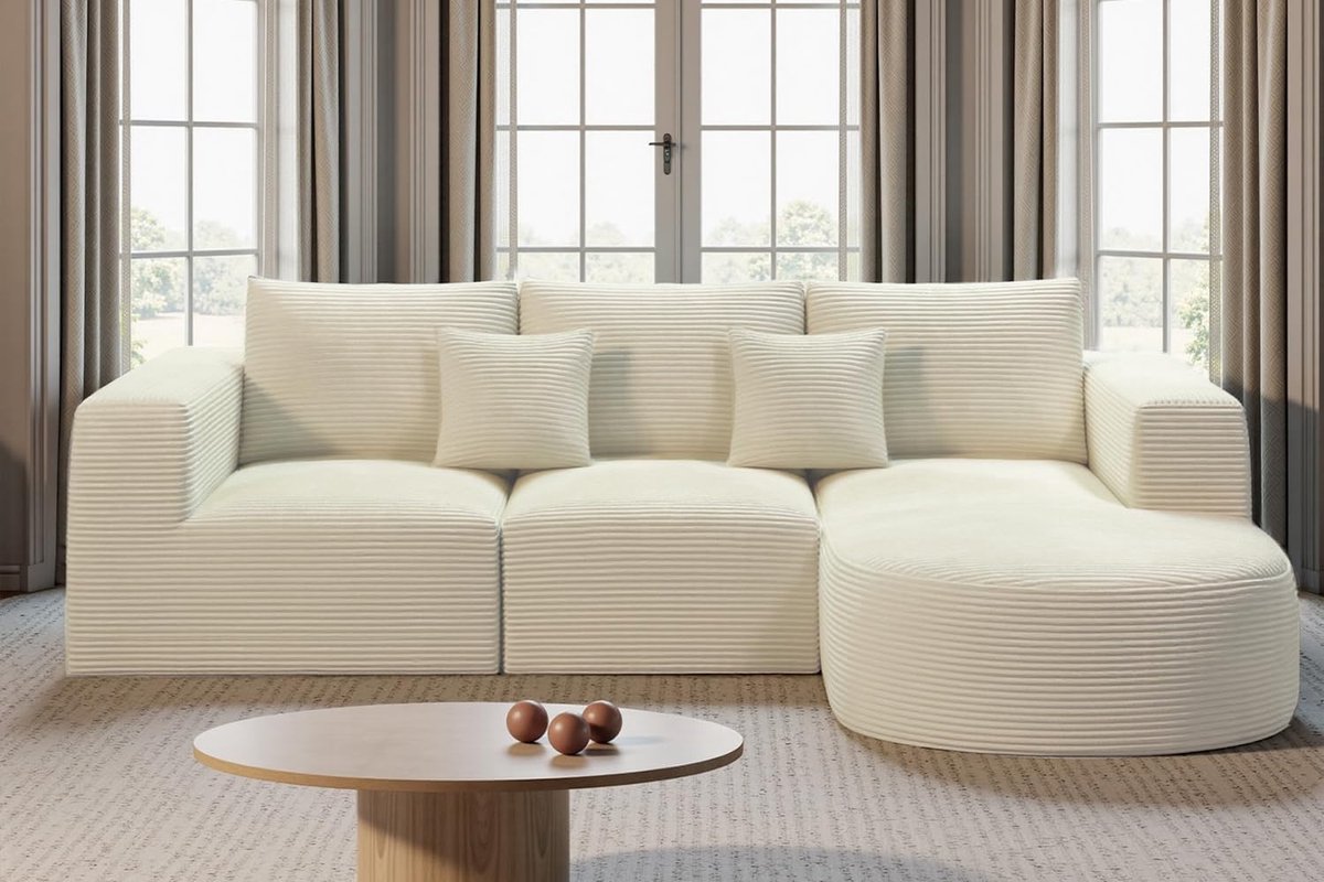 Luxe CloudNest Hoekbank met Slaapfunctie 264 x 177 x 59 cm – Frameloze L-Vormige Corduroy Bank met Rechter Chaise Longue, Installatievrij, Zacht en Comfortabel 3-Zits Design