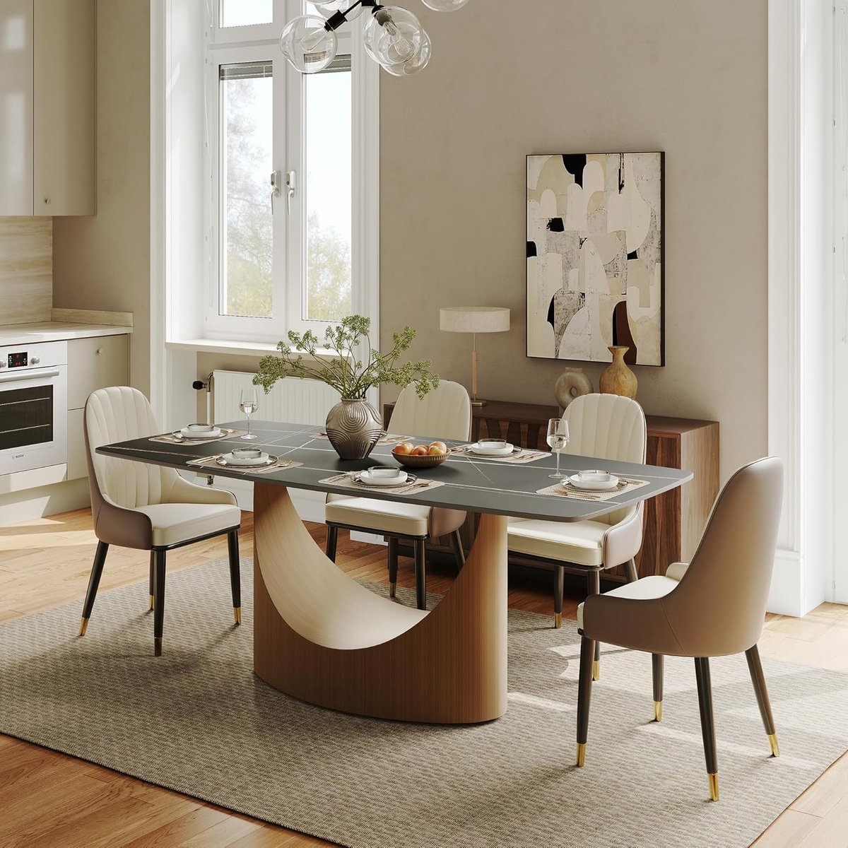 Rechthoekige Eettafel 180 cm – Luxe Zwarte Sintersteen Keukentafel voor 6 Personen – Design Eetkamertafel met Brons Carbon Stalen U-Poot voor Woonkamer en Keuken – Dader