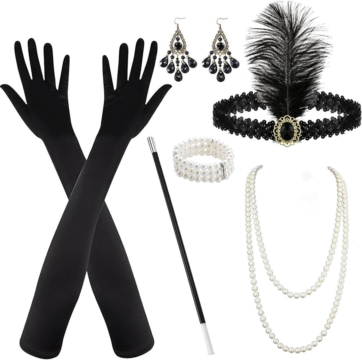 6-delige jaren 20 accessoires set voor vrouwen, inclusief haarband, handschoenen en oorbellen voor Halloween, kerst en cosplay