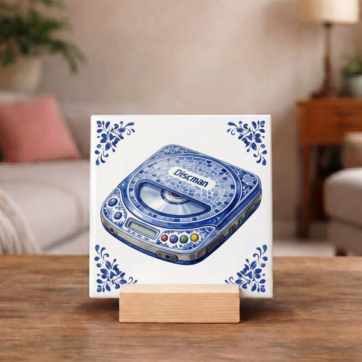 Bedruk King Delftsblauw Tegeltje 11x11 Discman met CD – Retro Muziek Cadeau en Wanddecoratie