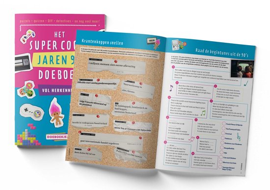 Het Super Coole Jaren 90 DoeBoek met krantenkoppen, "Raad de beginunes van de 90's" en popcultuur items.