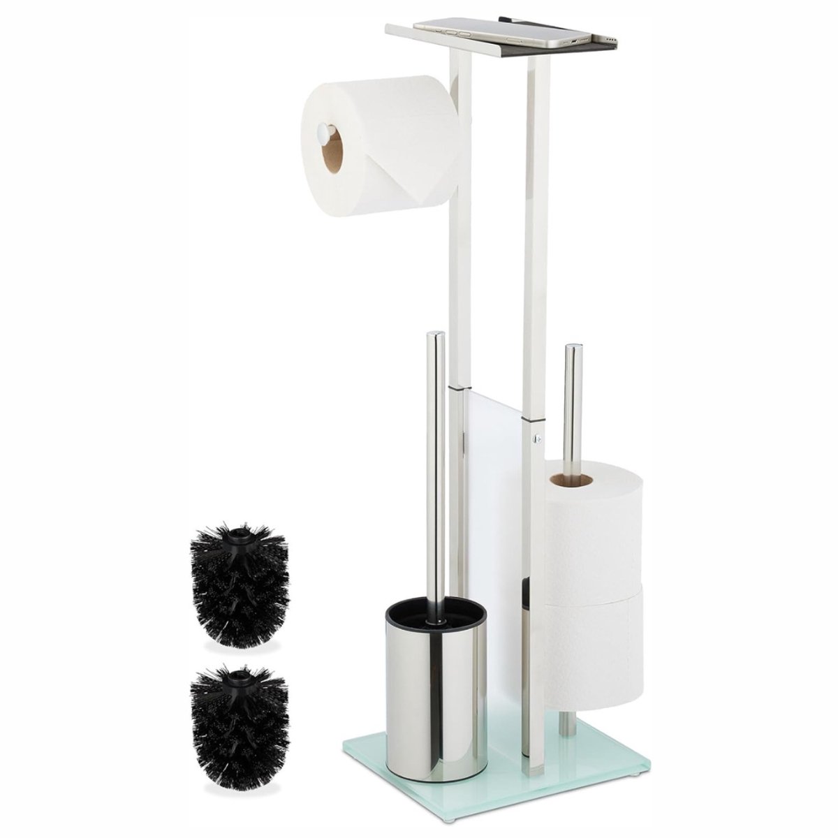 RWB® Toiletbutler - Toiletrolhouder - Multifunctionele Toiletbutlet - WC-Borstel - met Plank - Zilver - 18cm x 24cm x 66cm
