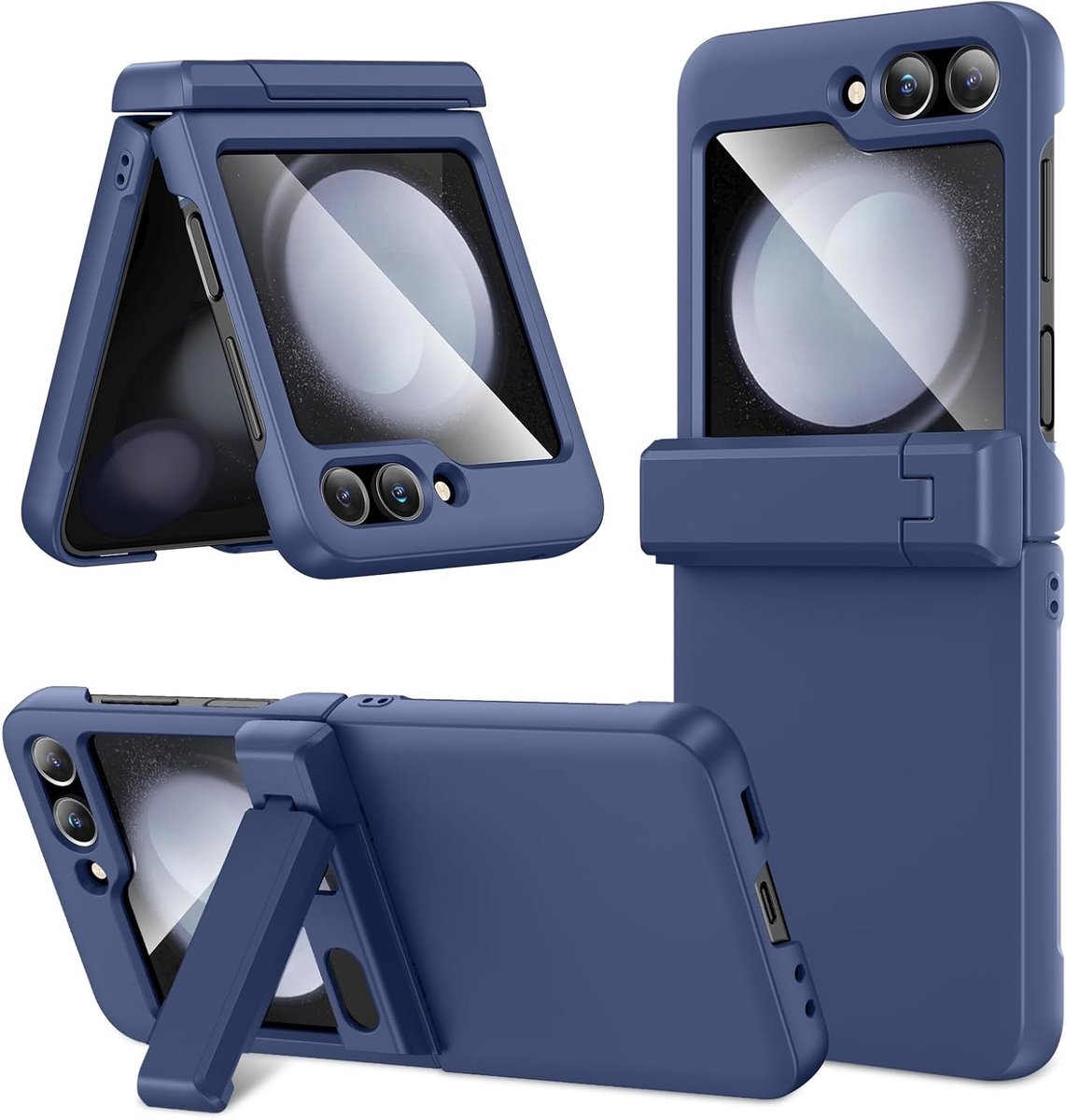 Beschermende hoes voor Z Flip 5 met scharnierbescherming, verborgen standaard en ingebouwde schermbeschermer, draadloos opladen en schokbestendig, blauwe kleur