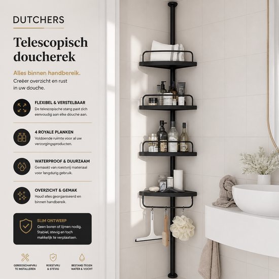 Een zwart telescopisch doucherek met vier hoekplanken, hangers en tekst in het Nederlands.