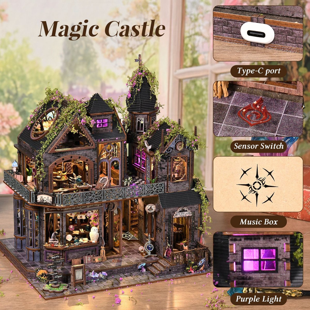 Premium Miniatuur XXL bouwpakket (Extra groot) - DIY Houten 3D Puzzel Magic House met LED Verlichting, Bewegingssensor & Muziekdoos – Book Nook Boekensteun Miniatuur Bouwpakket – Cadeau voor Volwassenen (15+) — afbeelding 9