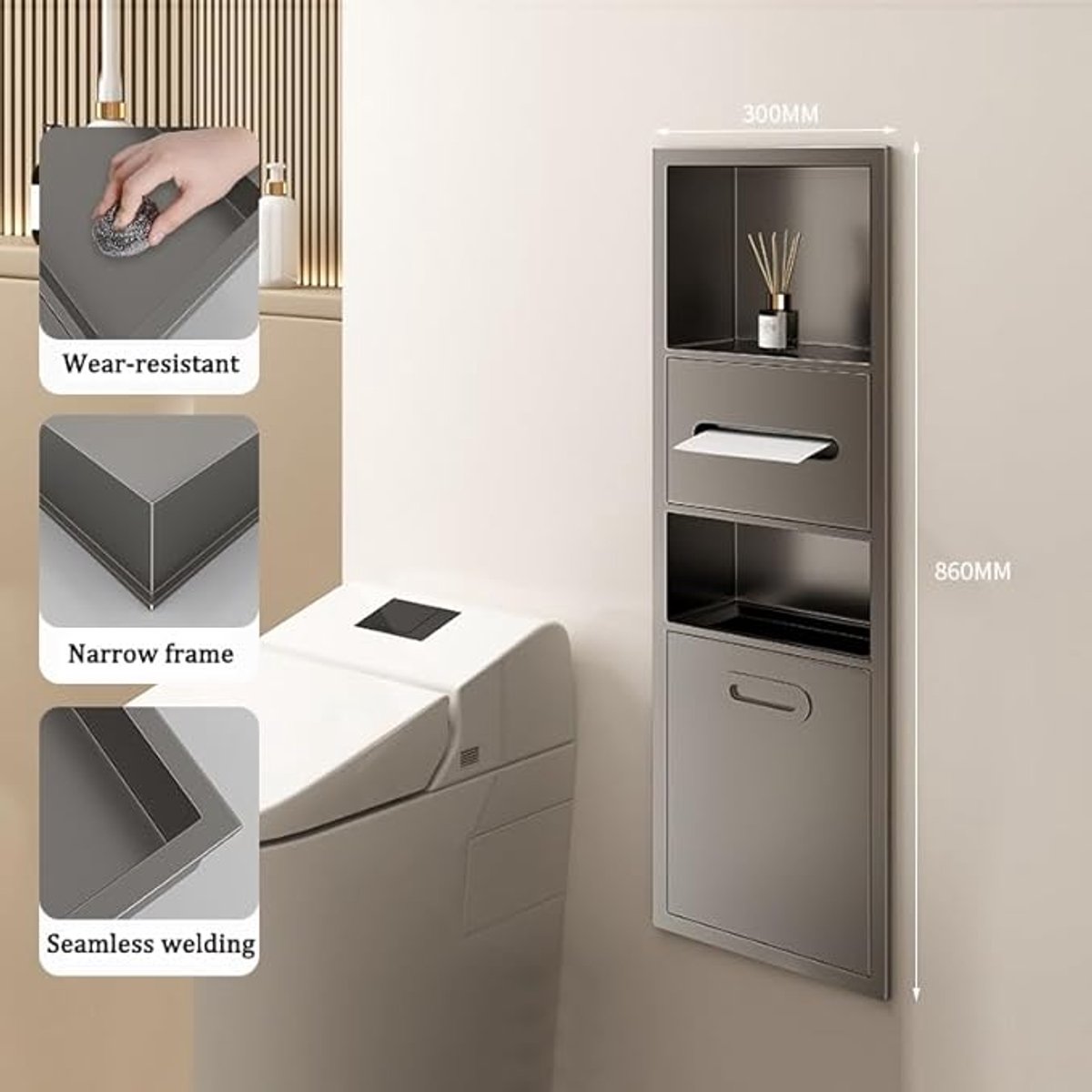 Inbouw Nisrek Badkamer 86x30x14 cm – Roestvrij Stalen Wand Opbergrek Zwart – Douche Organizer & Ruimtebesparende Opbergoplossing voor Badkamer, Keuken, Slaapkamer & Woonkamer