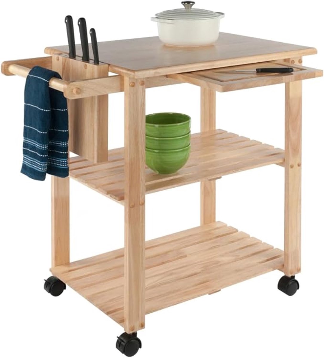 Keukentrolley op Wielen 50,5 x 84,9 x 81,3 cm – Houten Keuken Eiland met Uitschuifbaar Snijplank, Handdoekhouder & Messenhouder – Multifunctioneel Serveerwagentje & Opbergkast voor Keuken en Huis