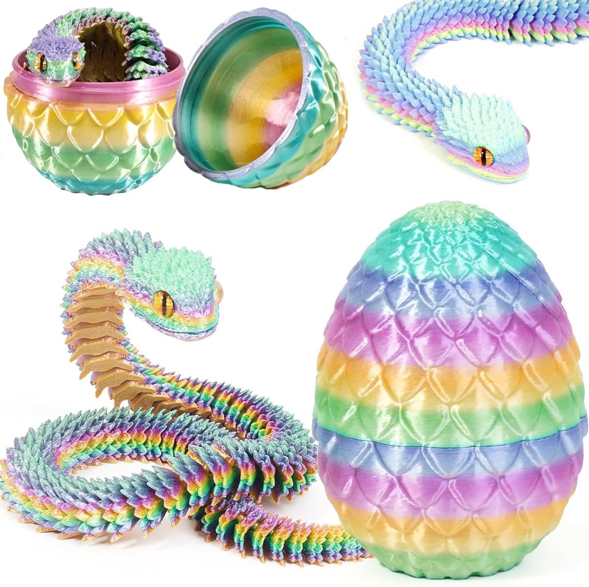 3D Geprinte Slang Speelgoed voor Pasen - Draak Eieren en 3D Geprinte Dieren voor Kinderen, Cadeau en Huisdecoratie (Regenboog)