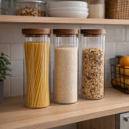 Drie glazen voorraadpotten met houten deksels, gevuld met spaghetti, rijst en muesli.