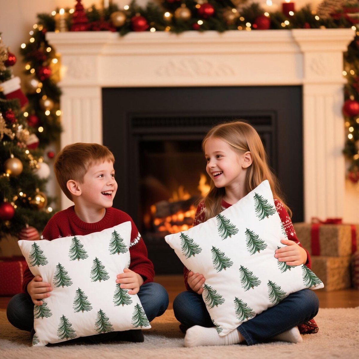 SnelShoppen - Set van 2 Kerst Kussenhoezen 50x50cm Groene Decoratieve Kussens voor Winterse Feestdecoratie, Sofa, Woonkamer, Kussenslopen