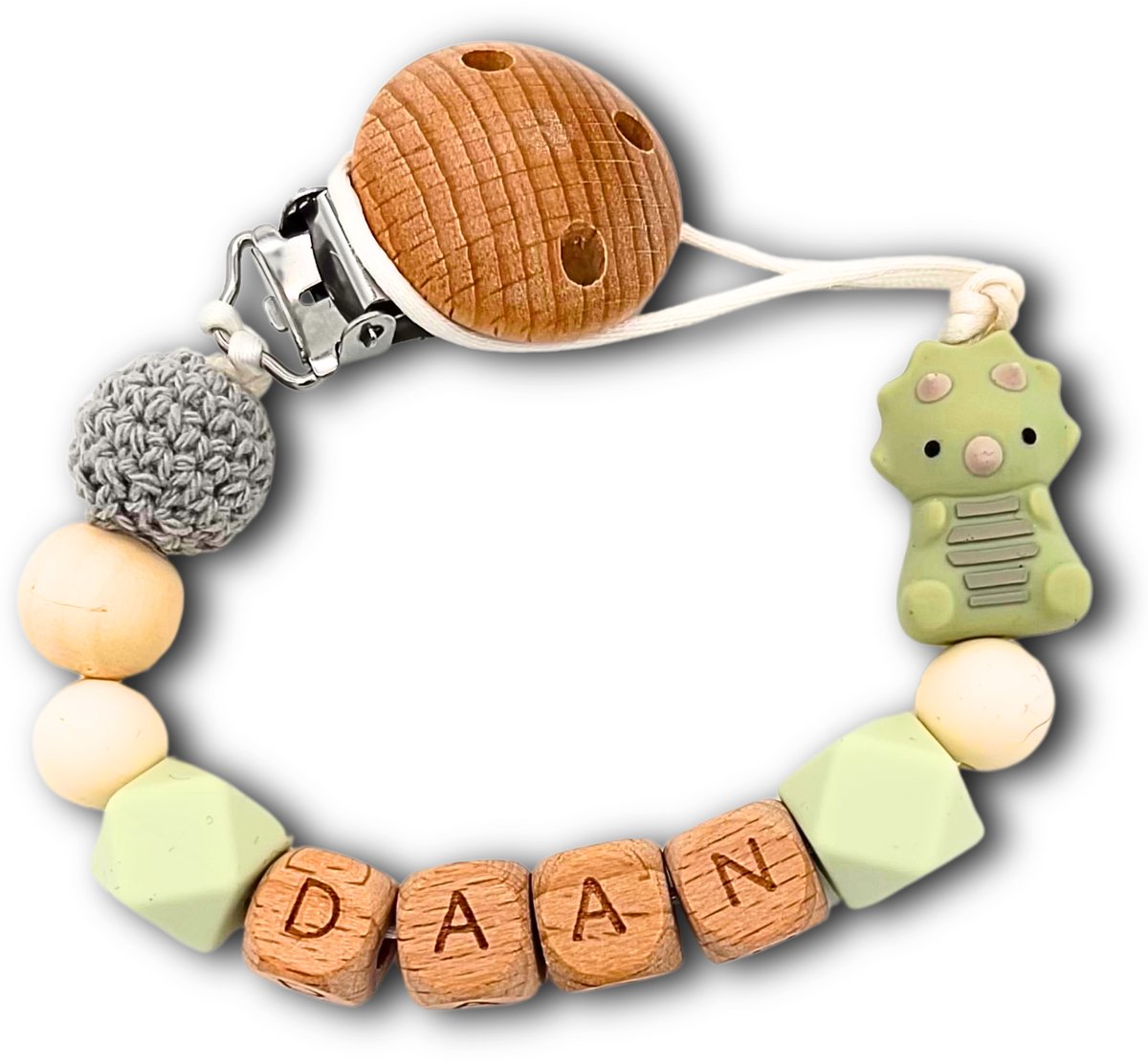 Speenkoord met naam - Baby Dino | Personaliseer - Kraamcadeau - Speenketting - Babycadeau - Babyshower