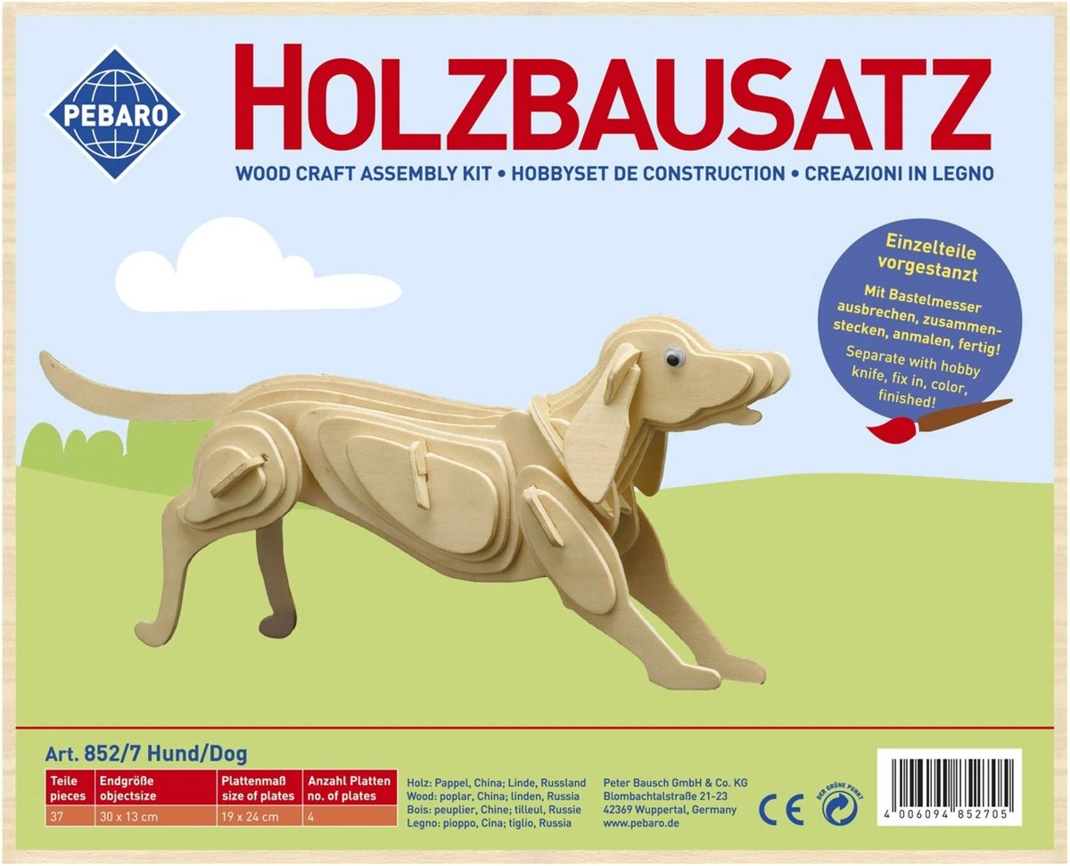 Pebaro houten bouwset hond 3D modelbouwpakket creatief speelgoed.