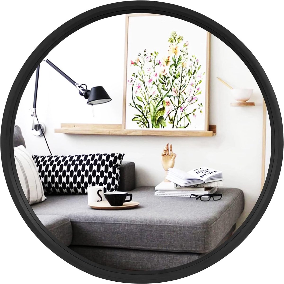 Ronde Wandspiegel - Decoratieve Spiegel - Woonkamer Decoratie - Duurzaam Dennenhout Frame - 28 Inch Diameter - Zwart