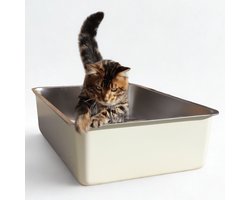 Cat Litter Prince of Qatar® | RVS Kattenbak 60x40x20 cm | Stainless steel | Gebroken Wit Gecoat | Voor Grote en Kleine Katten | Hygiënisch en Duurzaam