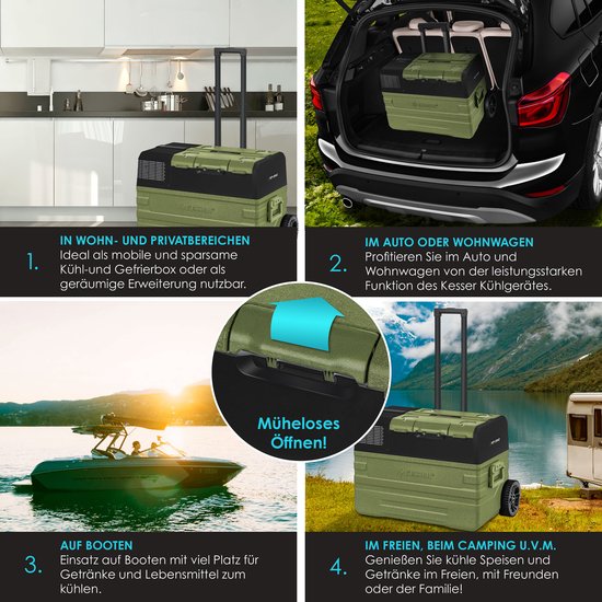 KESSER® Compressor Koelbox Elektrische Frigobox, met APP-bediening USB-aansluiting 12/24 V 230V, +Telescopische stangwielen tot -20 °C - 42L, 52L, Koelbox voor auto, vrachtwagen, boot, camper, camping - 42 Liter Kaki van KESSER — afbeelding 4