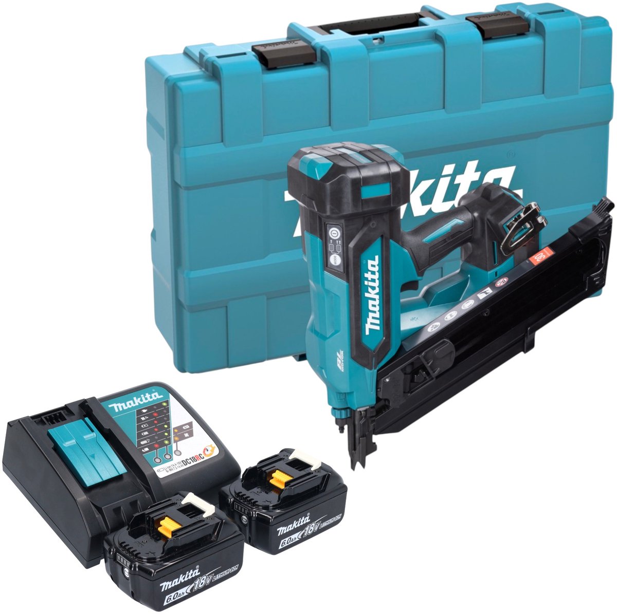 Makita DBN 900 RGK accu-spijkermachine 18 V 50 - 90 mm borstelloos + 2x accu 6,0 Ah + oplader + koffer