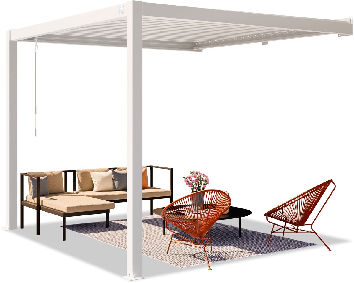 PRIMEYARD Pergola aan huis 3x3 m staanders van aluminium met stalen lamellendak witte muurpergola