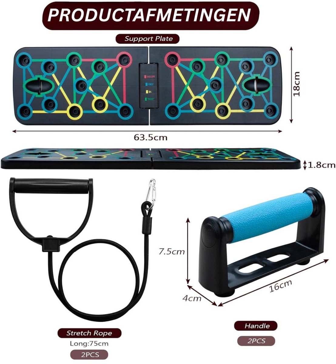 DnA® Push up Bord - Parallettes - Push up Board - Zwart - 64cm x 18cm x 2cm