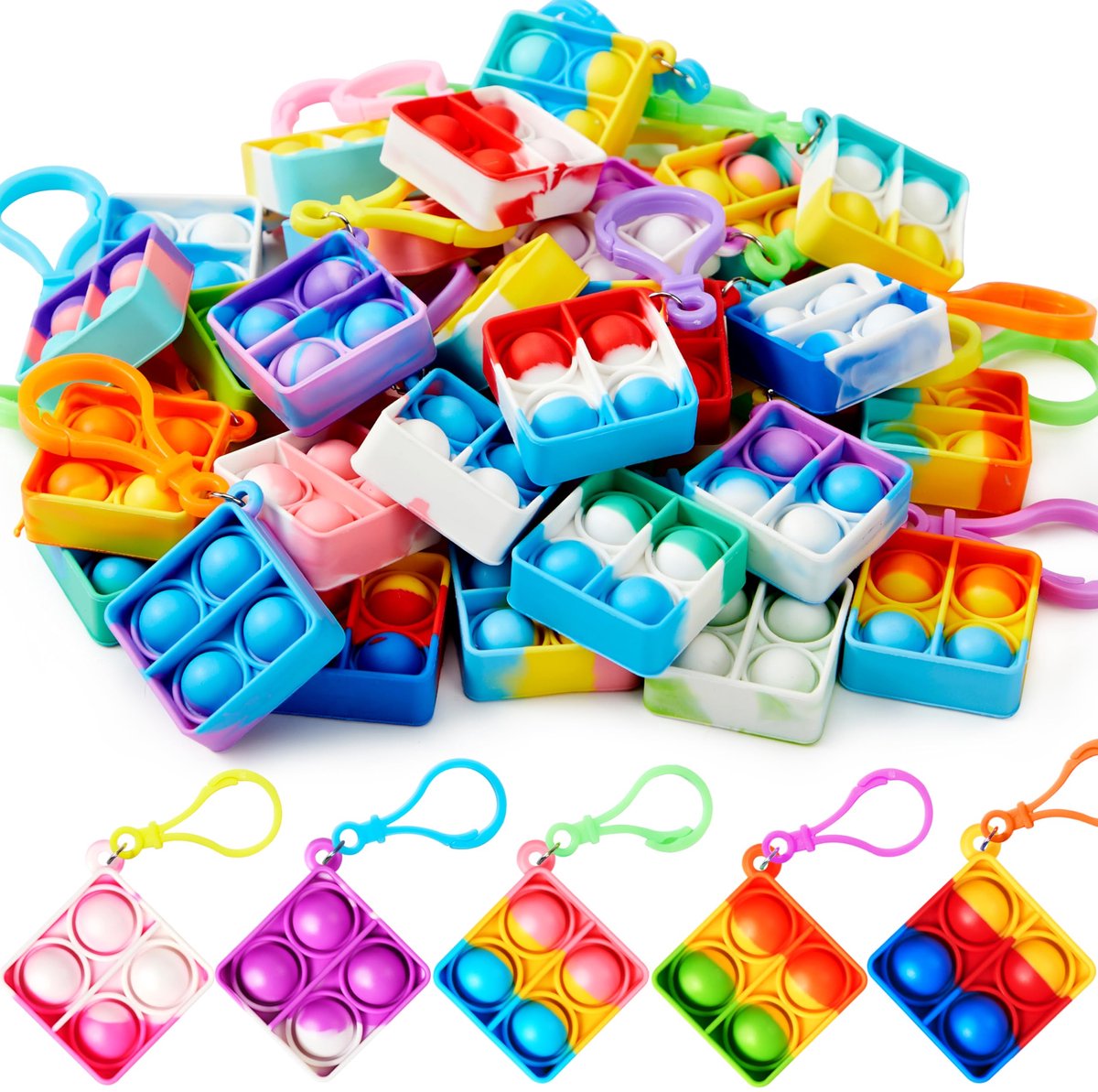 JOYIN Vierkante Pop Fidget Sleutelhanger Mini Fidget Speelgoed Bulkverpakking van 30 stuks Feestartikelen voor Kinderen van 4-8 en 8-12 jaar, Vulling voor Goodiebags Fidget Speelgoed voor in de klas, Sensorisch Fidget Speelgoed Pakketten
